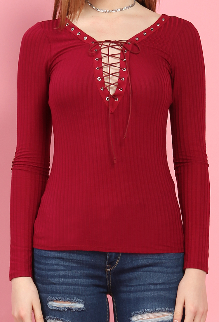 Ribbed Lace-Up Elbow Patch Top