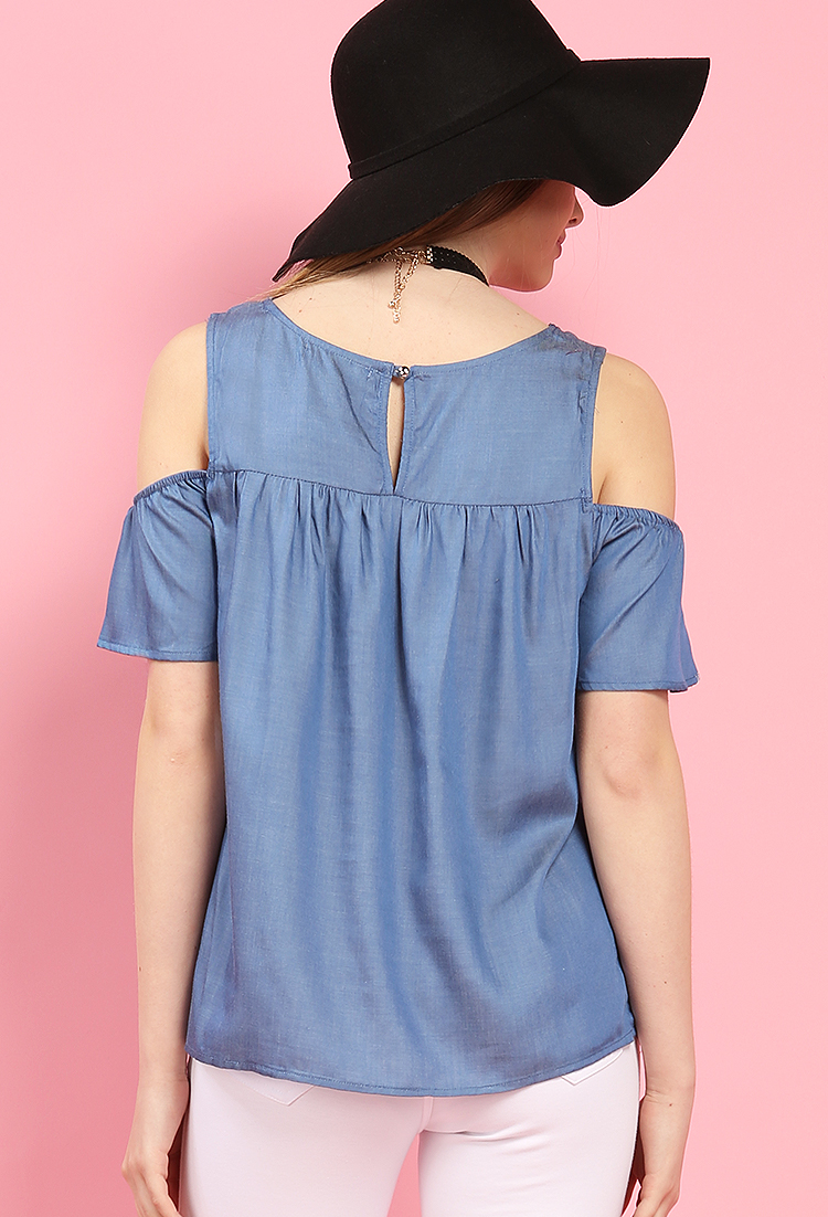 Chambray Open-Shoulder Babydoll Top 