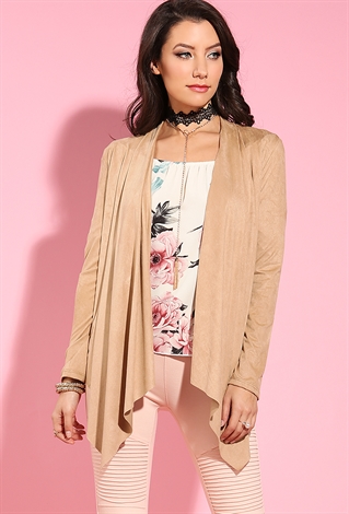 Draped Faux Suede Open-Front Cardigan