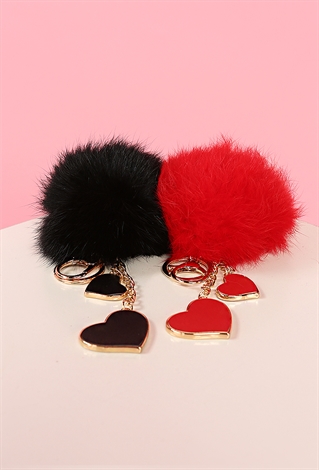 Faux Fur Heart Charm Pom Pom Keychain