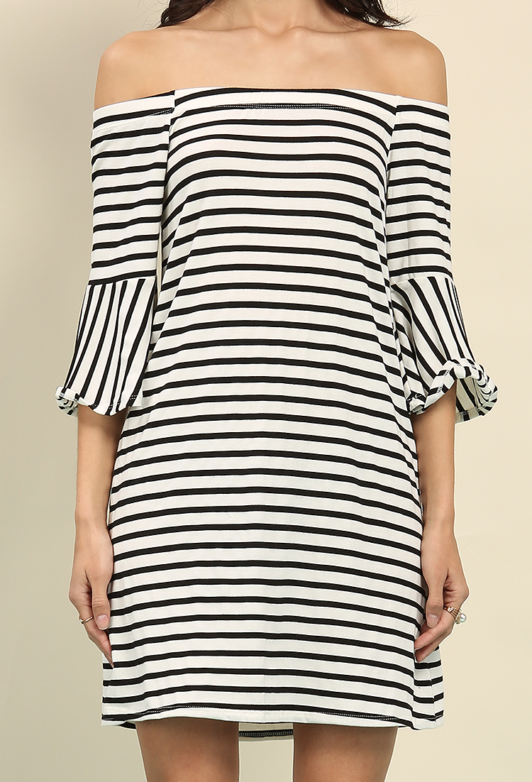 Stripe Bell-Sleeved Off-The-Shoulder Dress