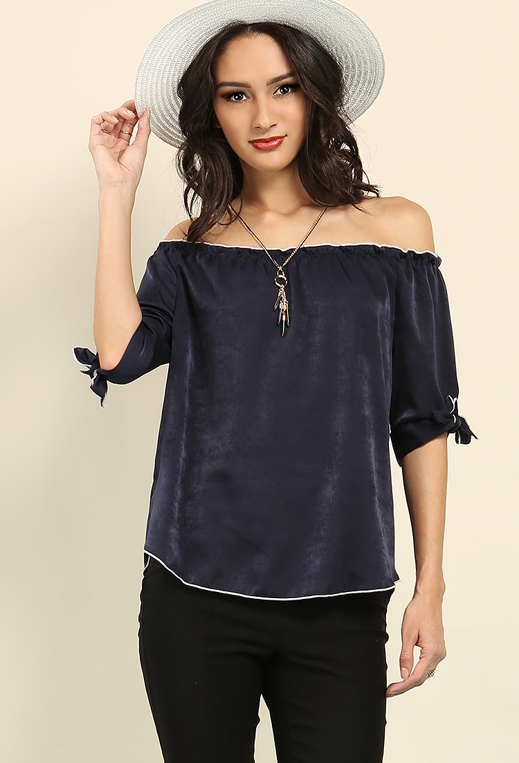 Satin Contrast-Trimmed Self-Tie Off-The-Shoulder Top W/ Necklace