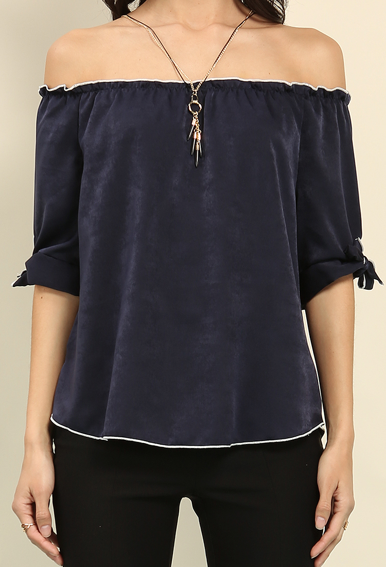 Satin Contrast-Trimmed Self-Tie Off-The-Shoulder Top W/ Necklace