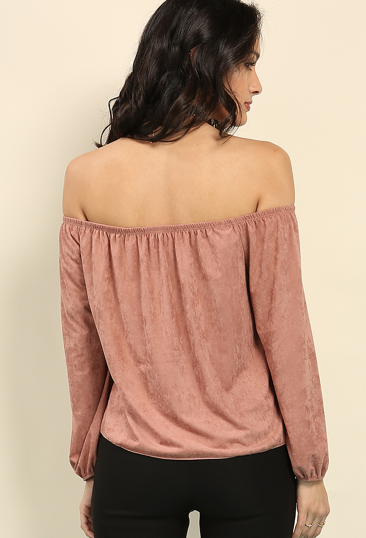 Faux Suede Floral Embroidered Off-The-Shoulder Top