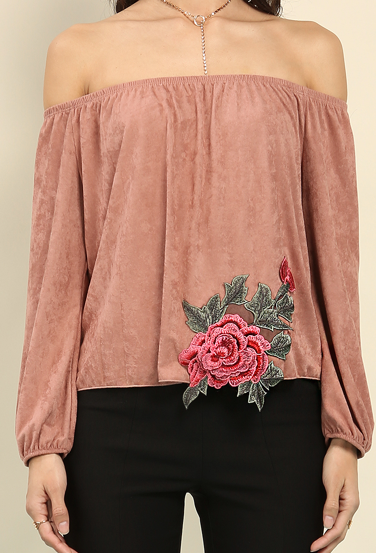 Faux Suede Floral Embroidered Off-The-Shoulder Top