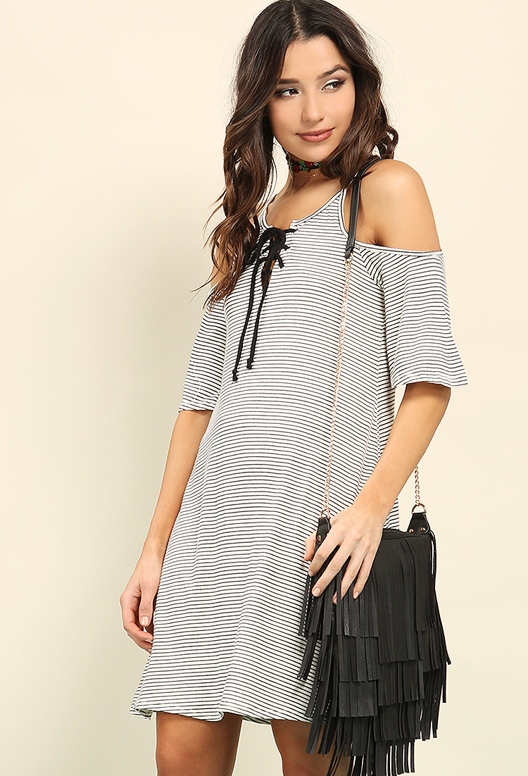 Striped Open-Shoulder Lace-Up Dress