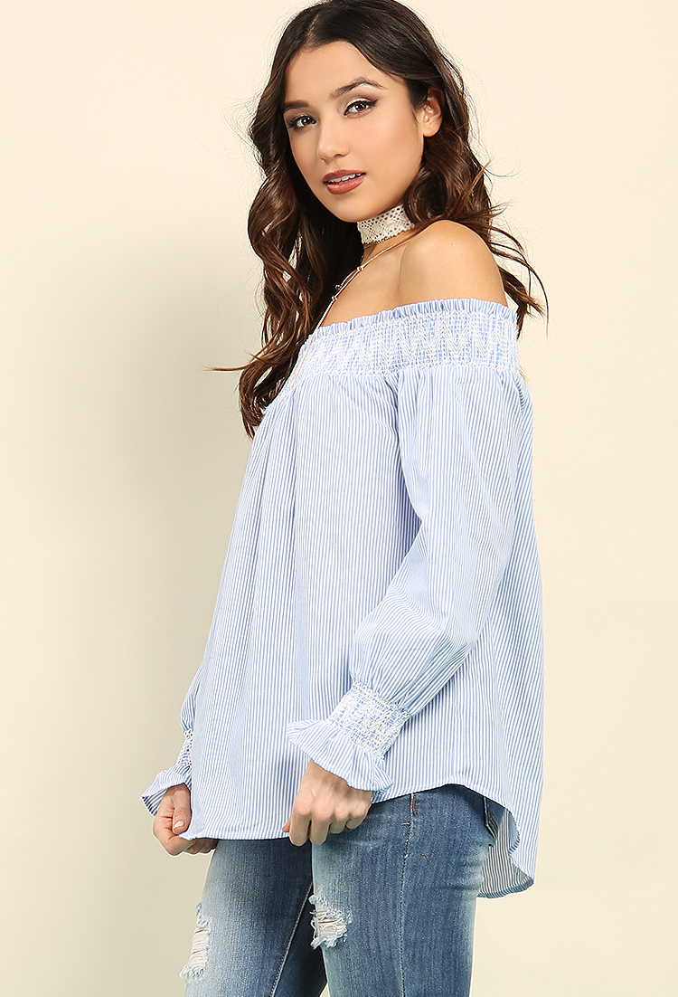 Smocked Chevron Embroidered Off-The-Shoulder Top