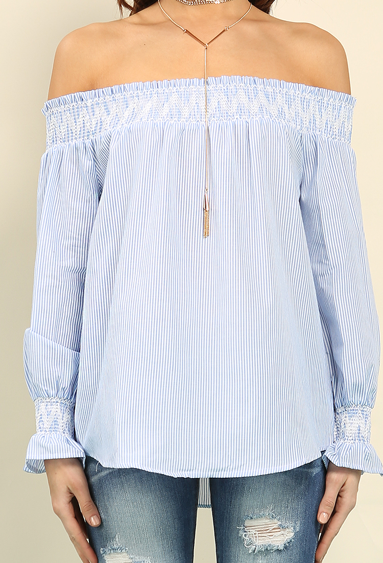 Smocked Chevron Embroidered Off-The-Shoulder Top