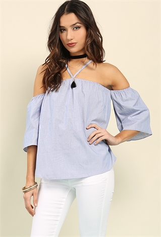Striped Strappy Off-The-Shoulder Top W/ Choker