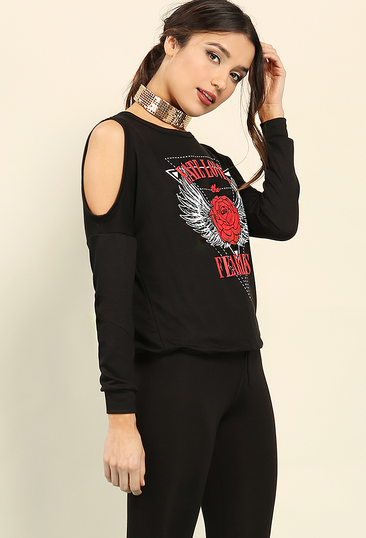 Fate Loves The Fearless Graphic Open-Shoulder Sweatshirt