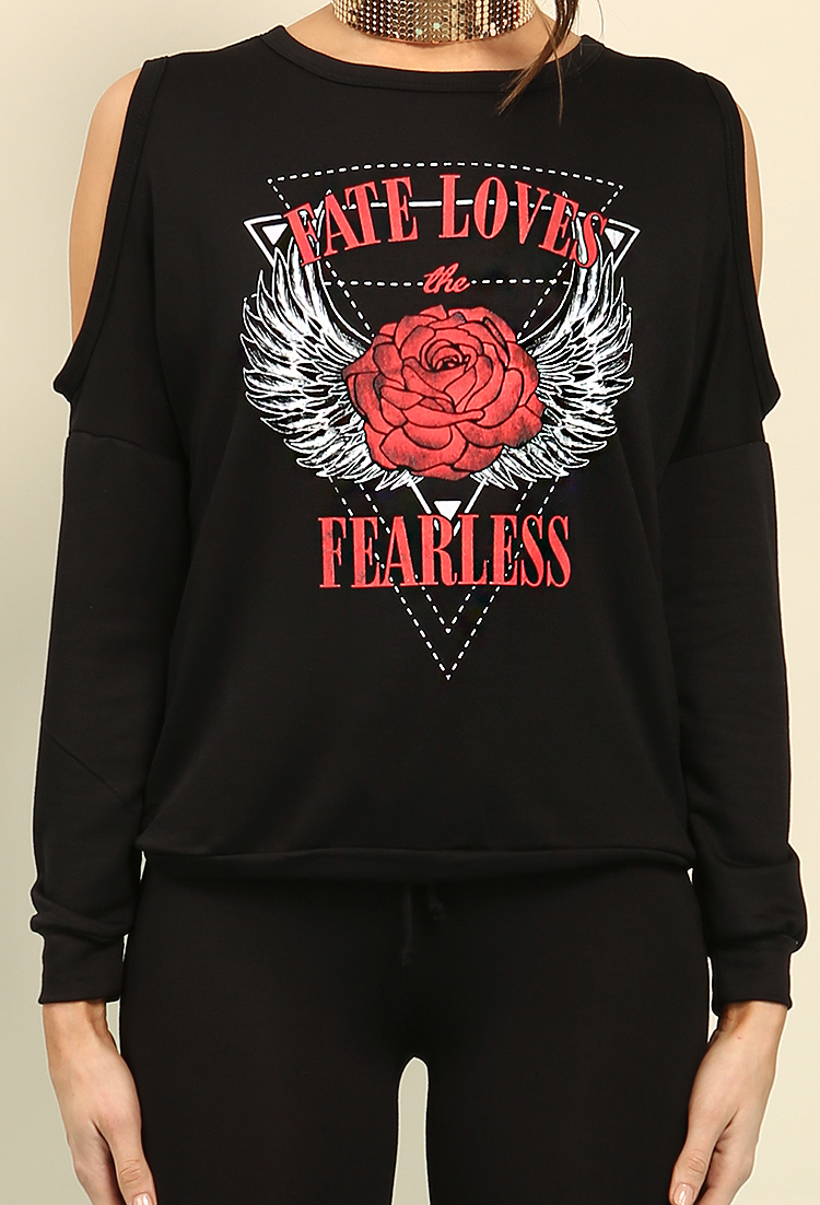 Fate Loves The Fearless Graphic Open-Shoulder Sweatshirt