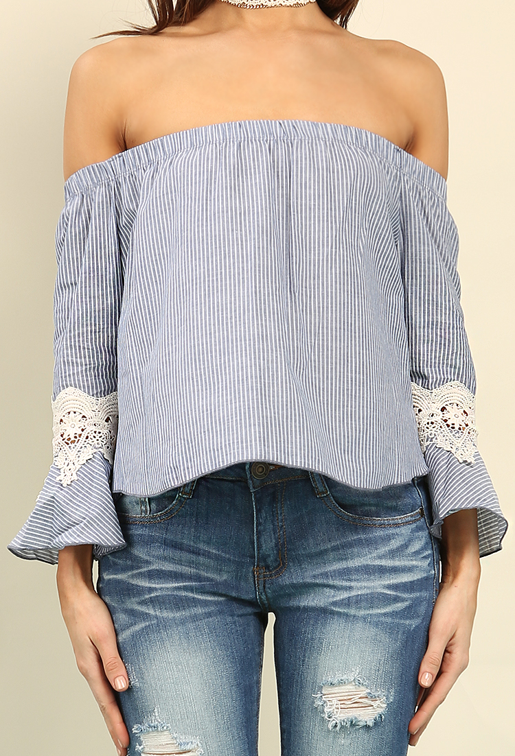 Striped Crochet-Trimmed Bell-Sleeve Off-The-Shoulder Top 