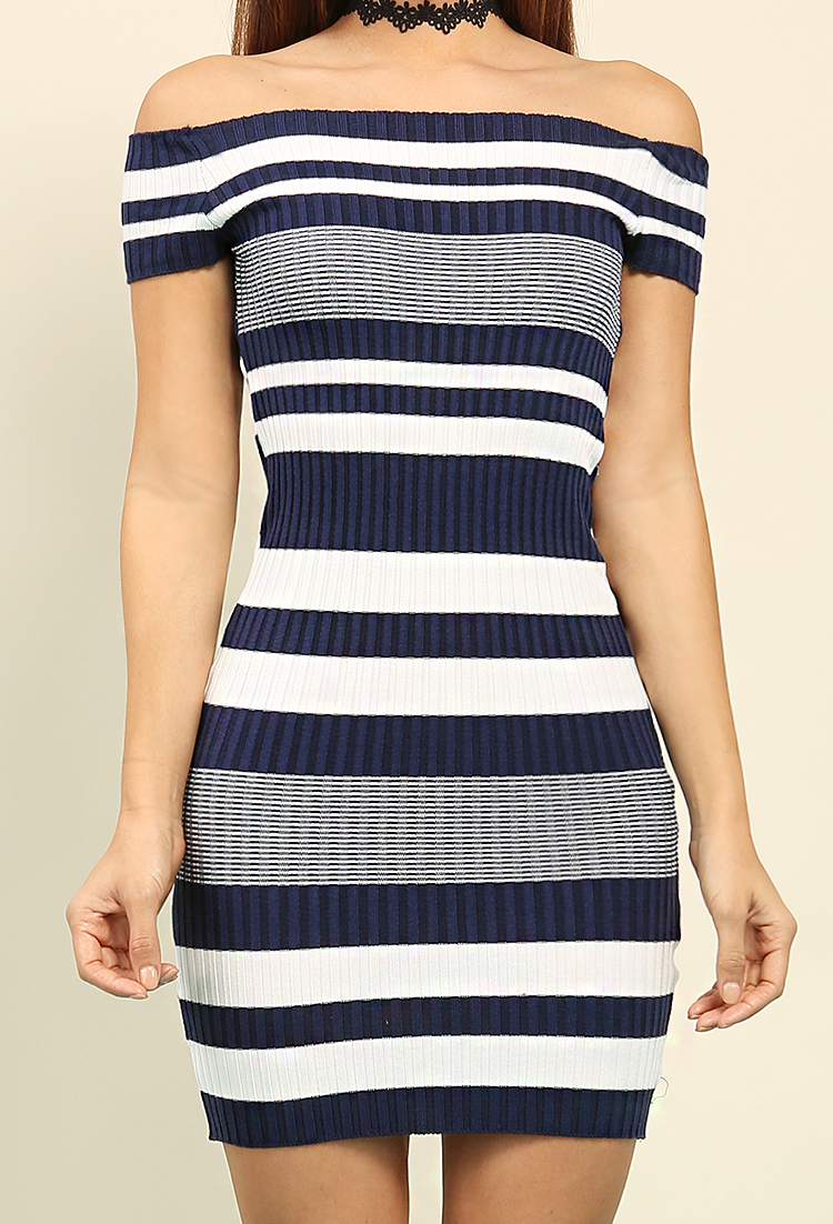 Ribbed Stripe Knit Off-The-Shoulder Dress