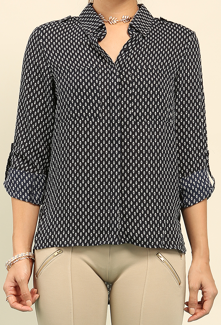 Two-Pocket Abstract Print Button-Up Blouse