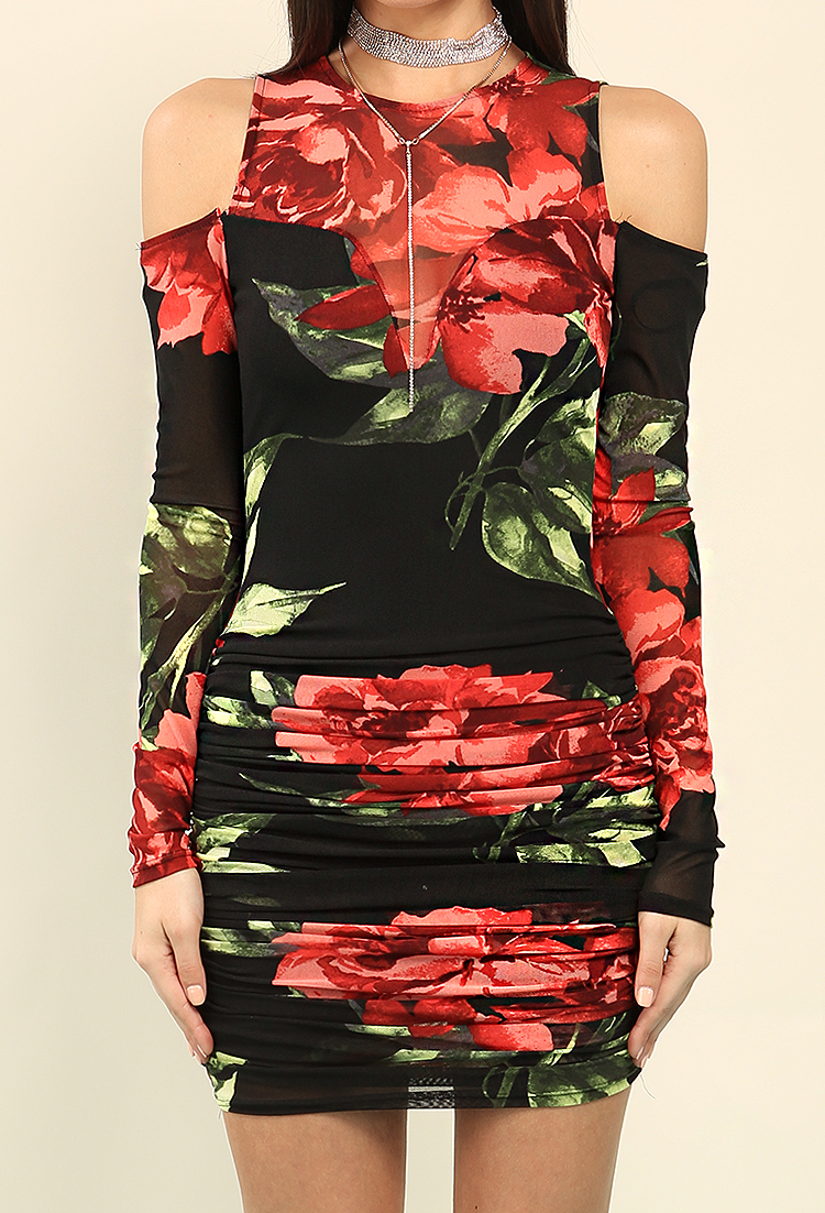 Ruched Mesh-Panel Floral Print Open-Shoulder Dress 