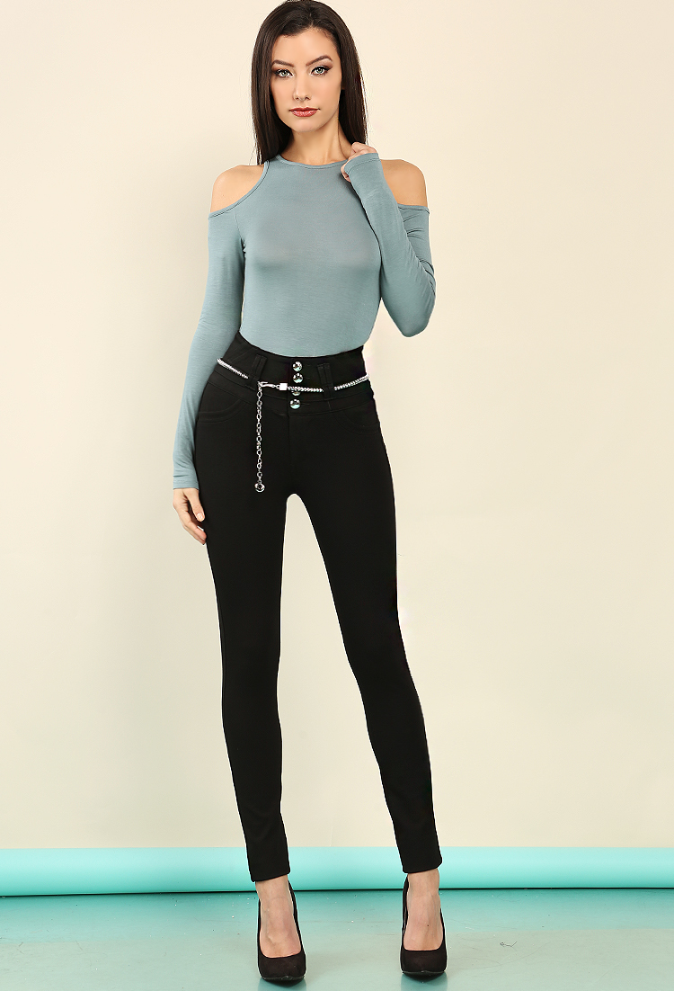 Belted Button High-Waist Jeggings