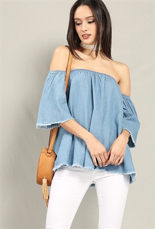 Raw-Hem Chambray Off-The-Shoulder Top