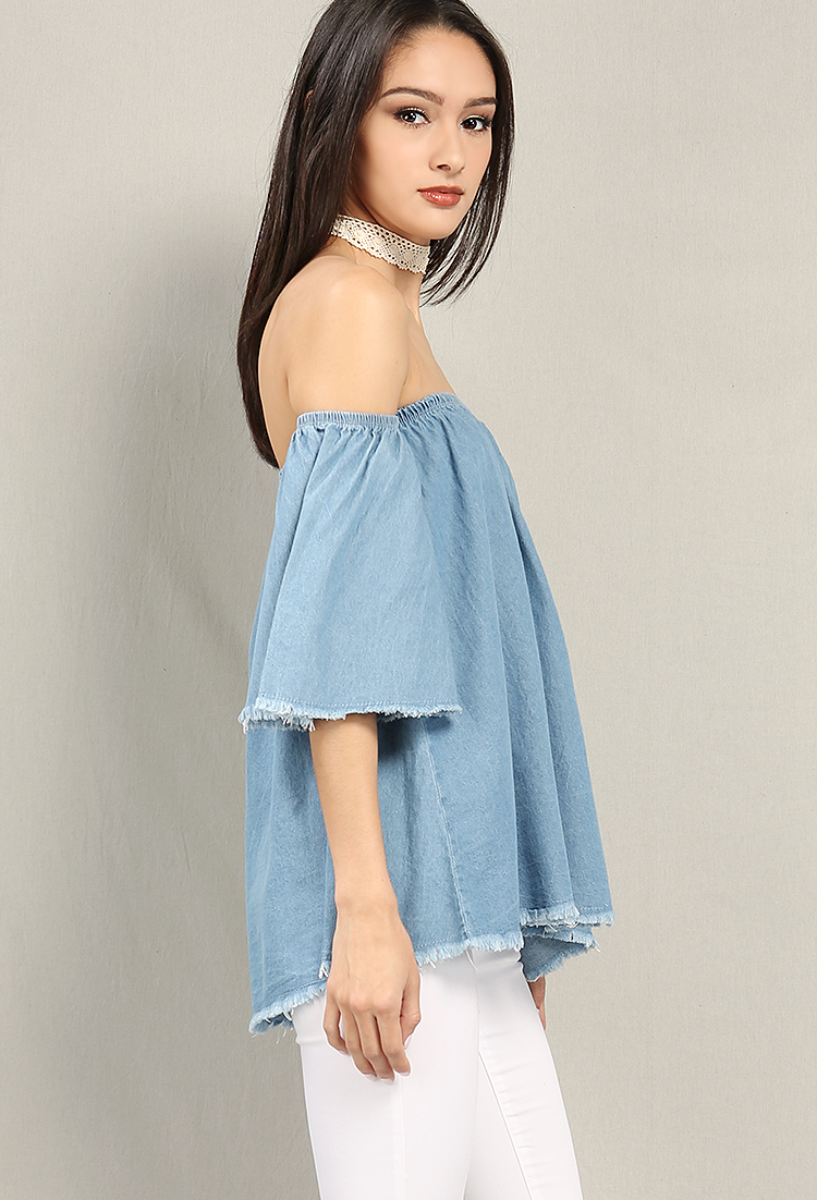 Raw-Hem Chambray Off-The-Shoulder Top