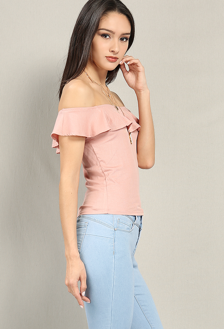 Ribbed Off-The-Shoulder Flounce Top