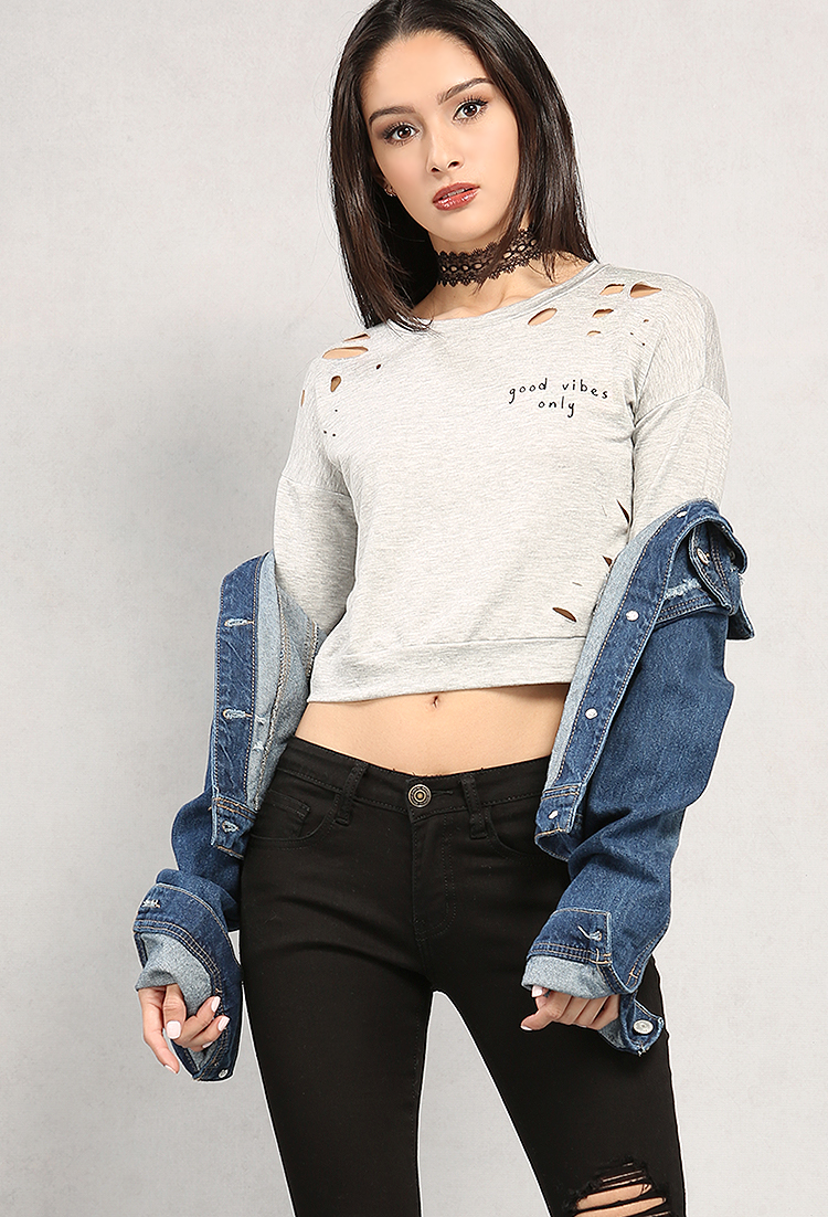 Distressed Good Vibes Only Graphic Crop Sweatshirt