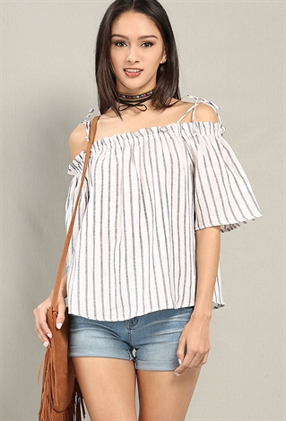 Striped Linen-Blend Off-The-Shoulder Top