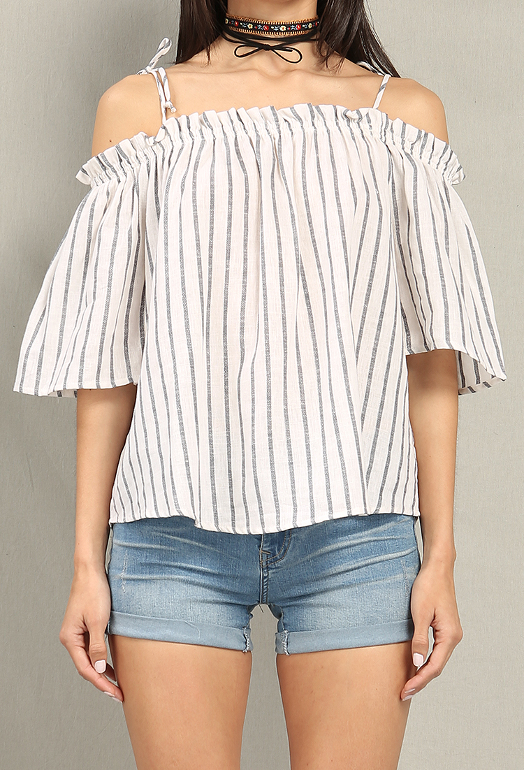 Striped Linen-Blend Off-The-Shoulder Top
