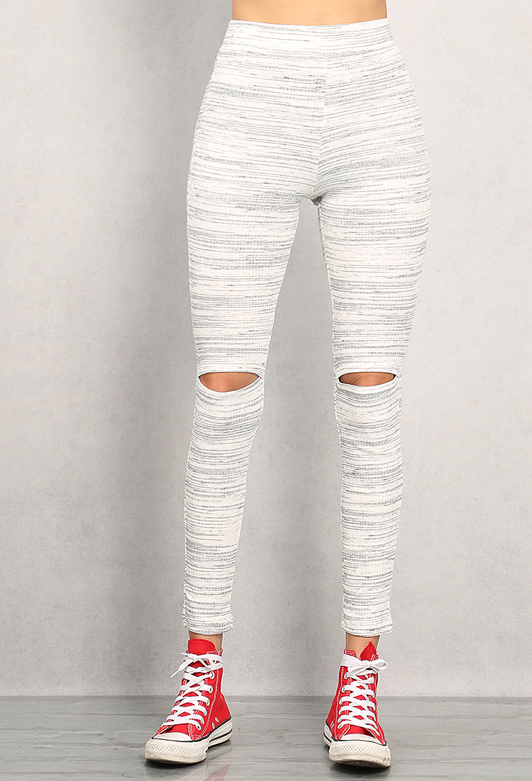 Marled Stretch-Knit Ripped Knee Pants