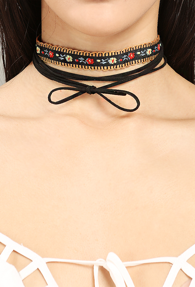 Embroidered Floral Wrap Choker