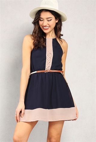 Belted Crisscross-Front Colorblock Dress 