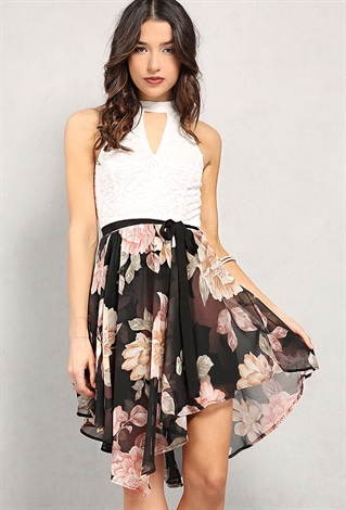 Lace Open-Back Floral Print Dress