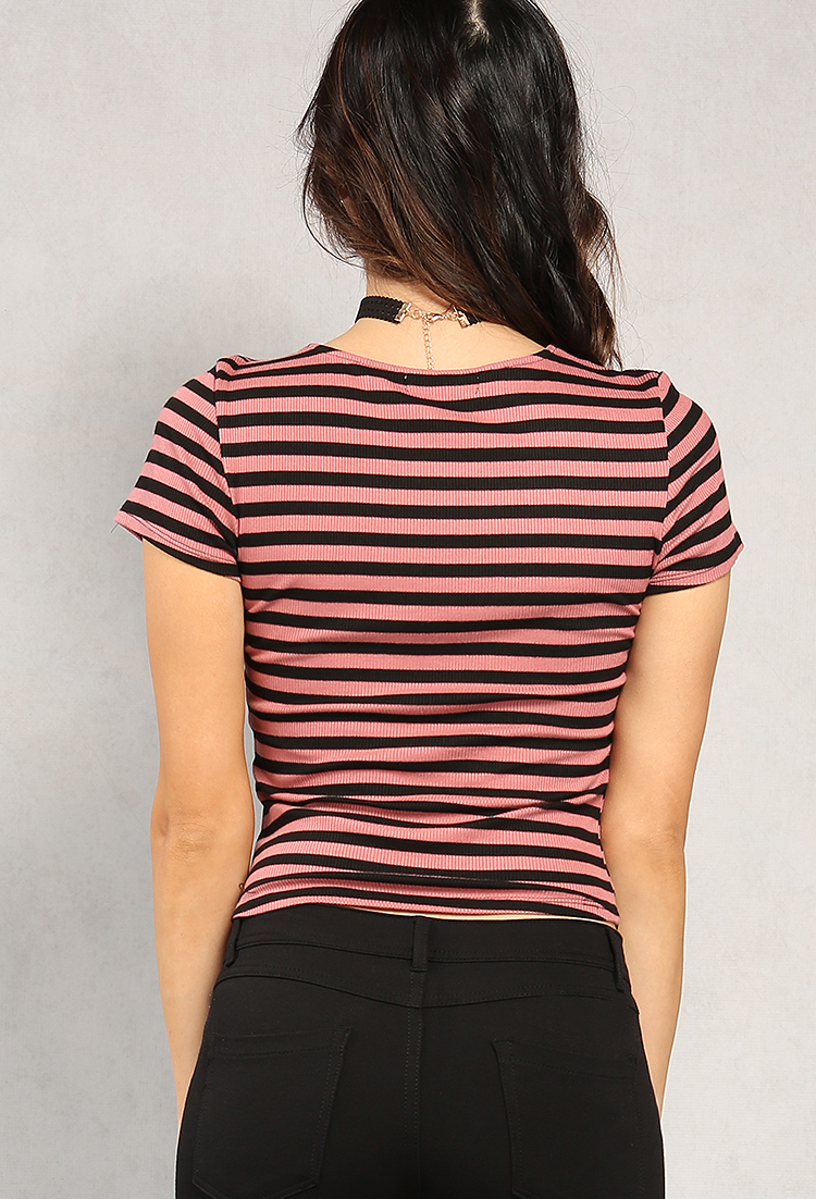 Ribbed Stripe Lace-Up Top