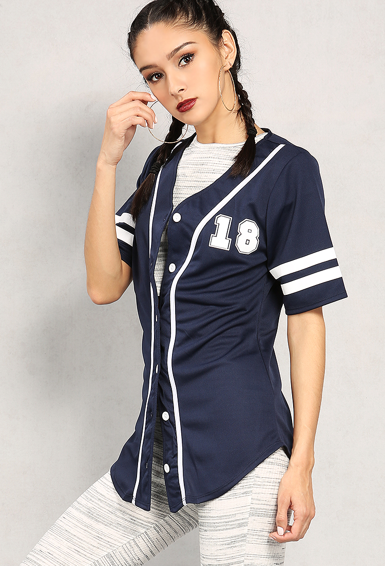 Forever 18 Graphic Varsity-Stripe Baseball Jersey 