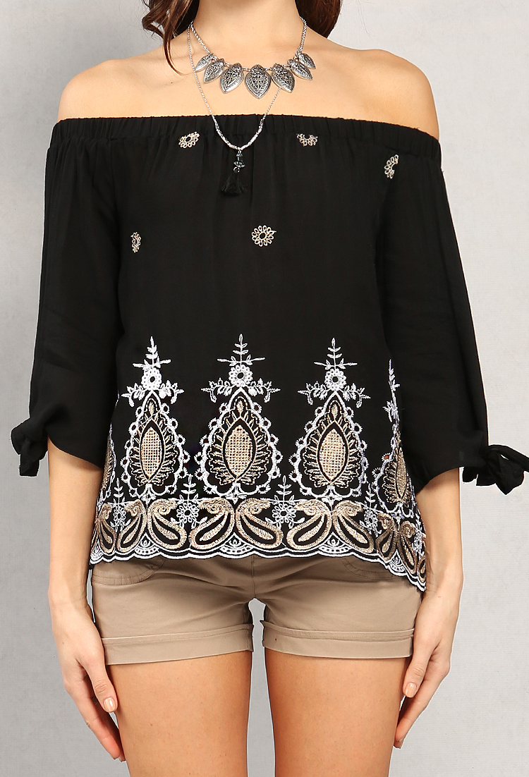 Embroidered Off-The-Shoulder Ornate-Inspired Top