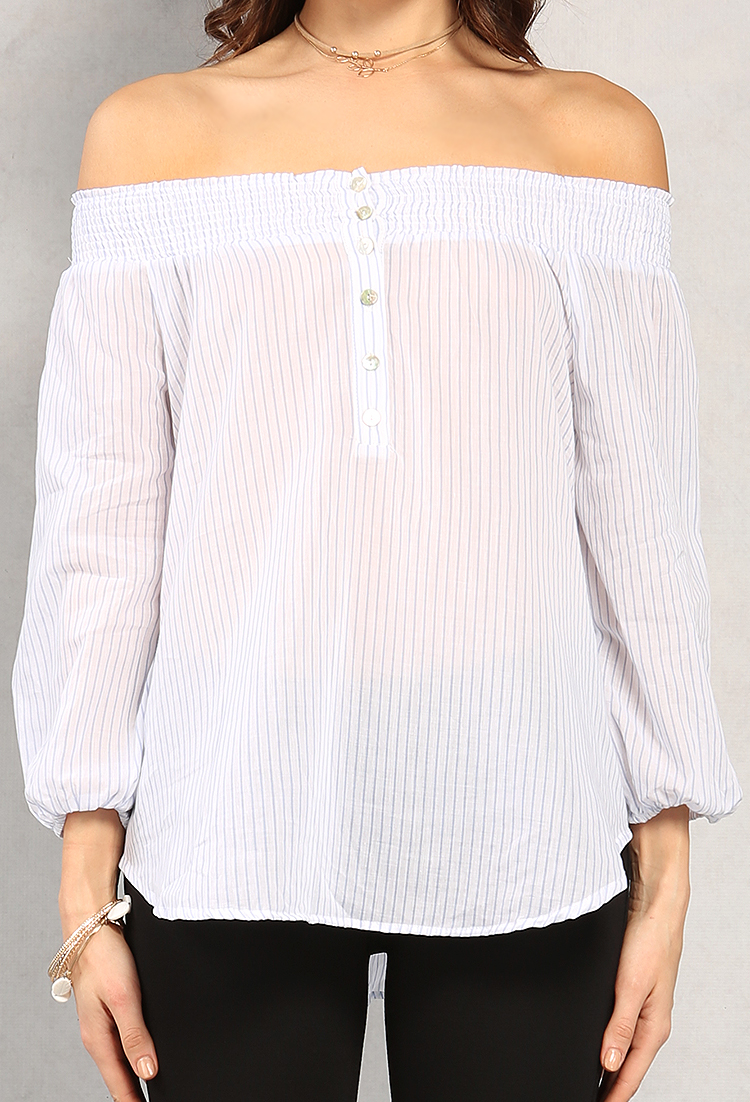 Buttoned Stripe Off-The-Shoulder Top