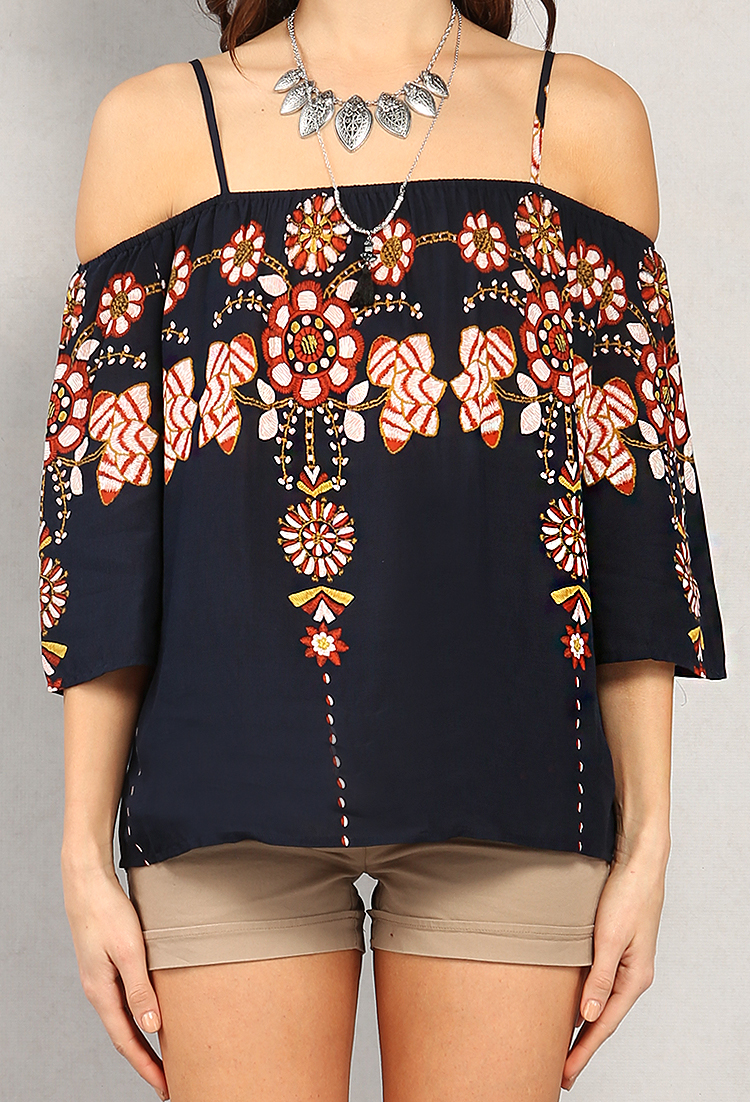 Abstract Floral Open-Shoulder Top