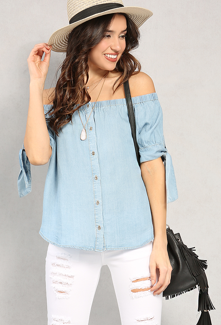 Chambray Button-Front Off-The-Shoulder Top