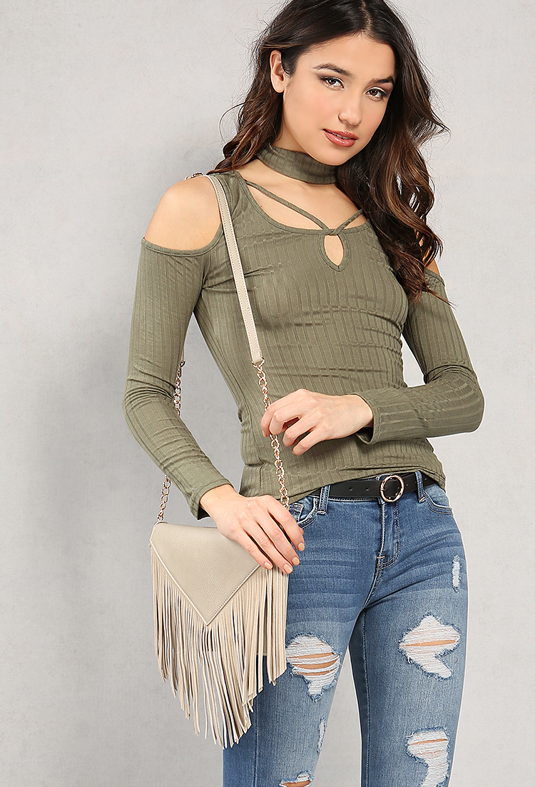 Ribbed Strappy Open-Shoulder Choker Top