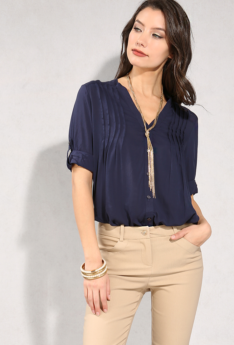 Collarless Button-Front Blouse