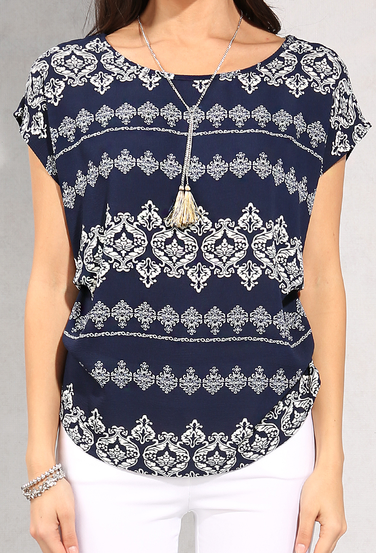 Ornate Printed Cap-Sleeve Top W/ Necklace