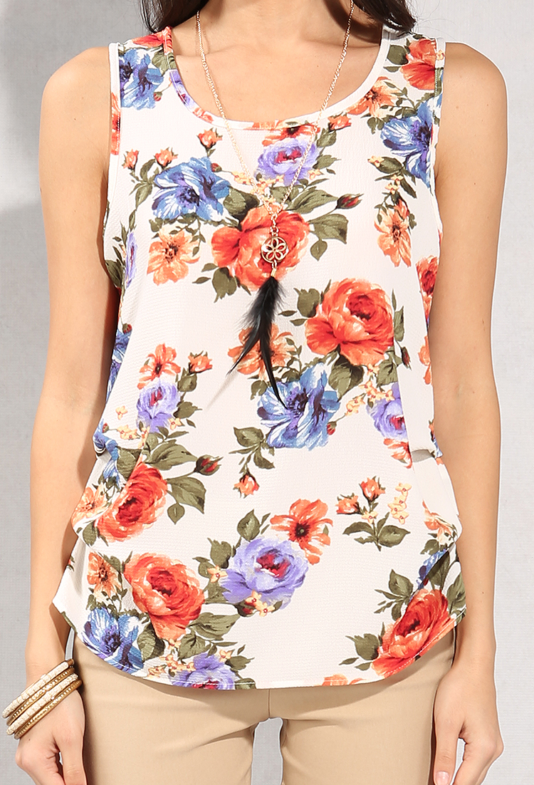 Ruched Floral Print Top W/ Necklace