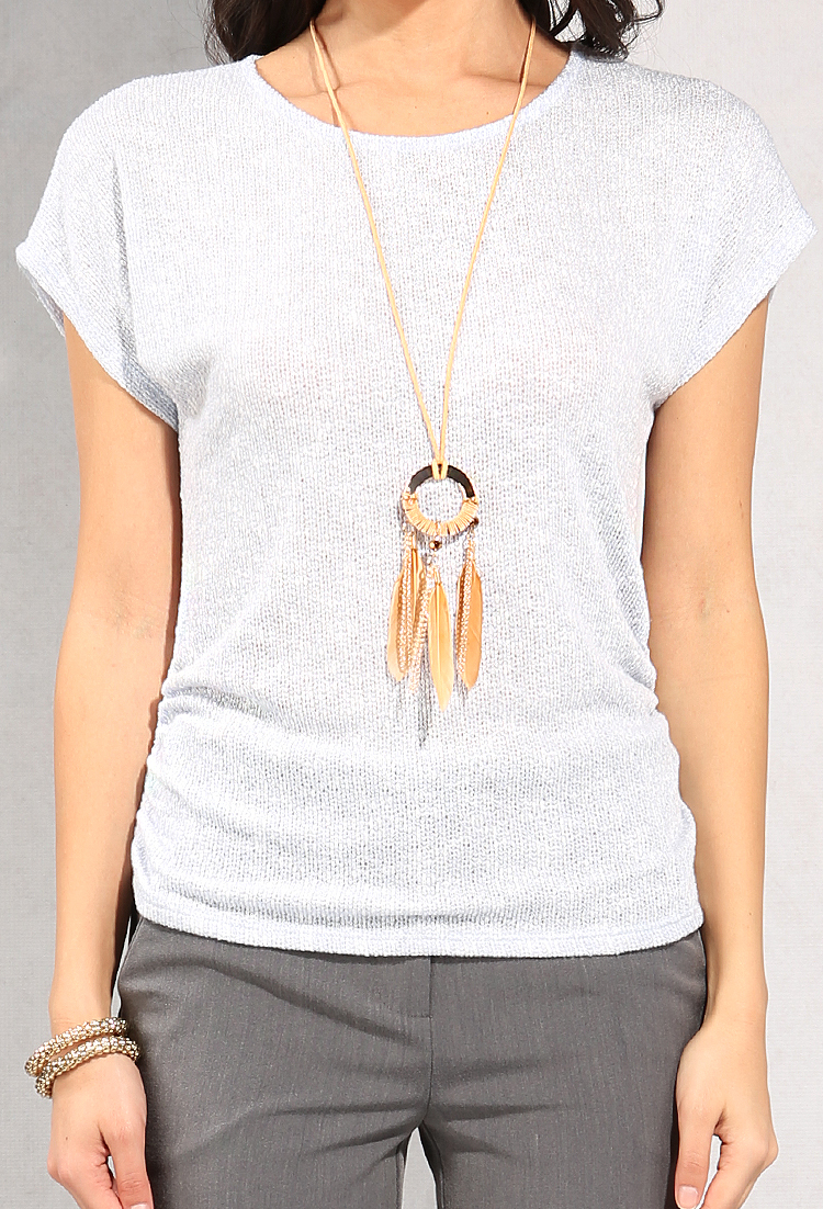 Heathered Open-Knit Top W/ Necklace