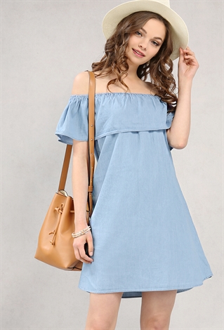 Chambray Off-The-Shoulder Flounce Dress