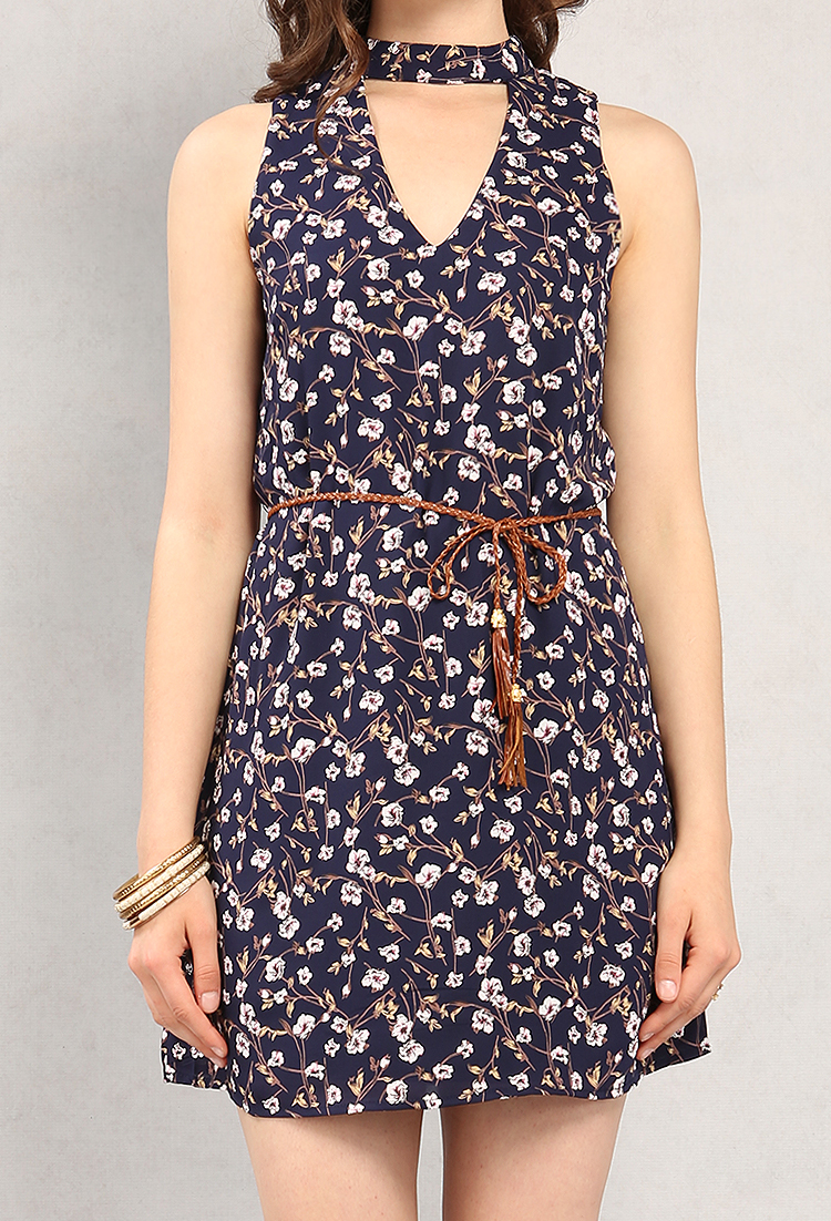 Belted Floral Print Cutout Dress