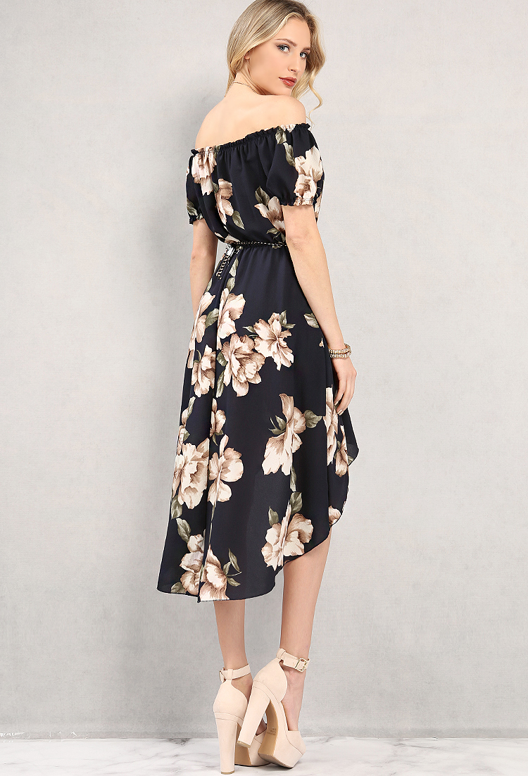 Belted High-Low Floral Off-The-Shoulder Dress