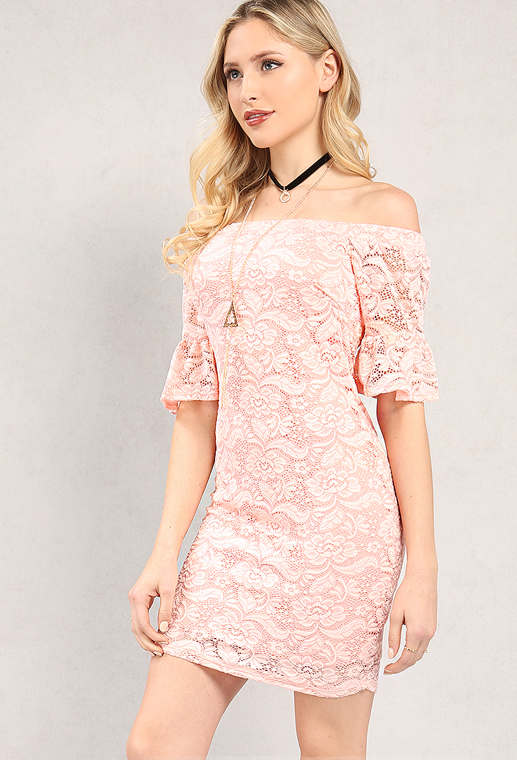 Bell-Sleeved Lace Overlay Off-The-Shoulder Dress W/ Necklace