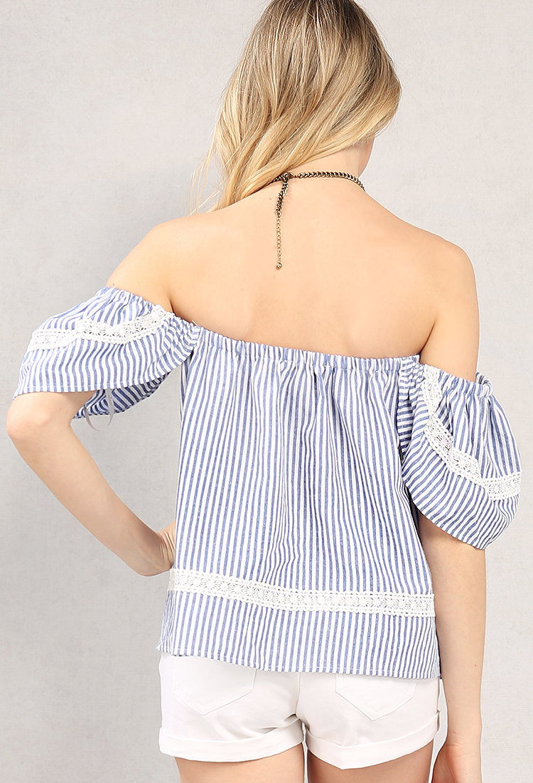 Crochet-Trimmed Stripe Off-The-Shoulder Top 