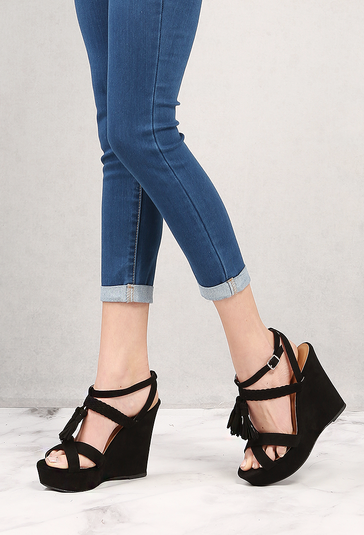 Tasseled Faux Suede Strappy Wedges