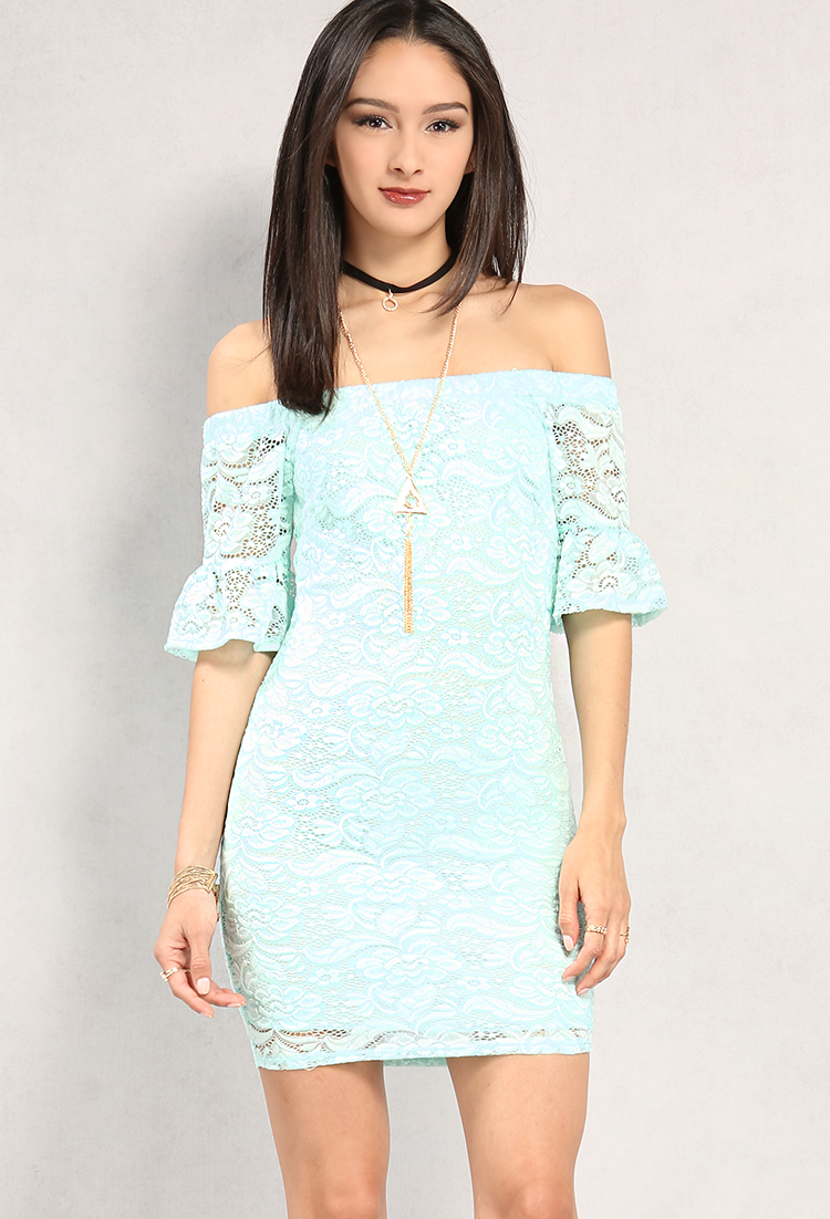 Bell-Sleeved Lace Overlay Off-The-Shoulder Dress W/ Necklace
