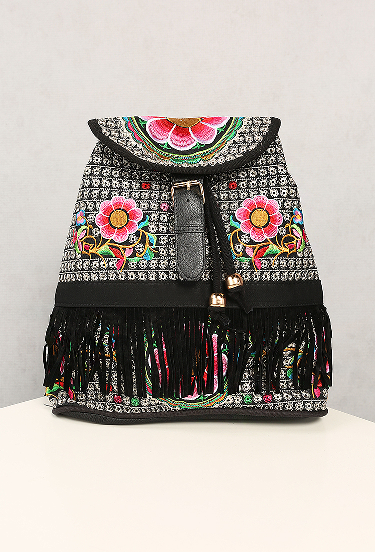 Floral Embroidered Fringe Backpack
