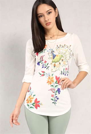Floral Peacock Print Roll-Up Tee